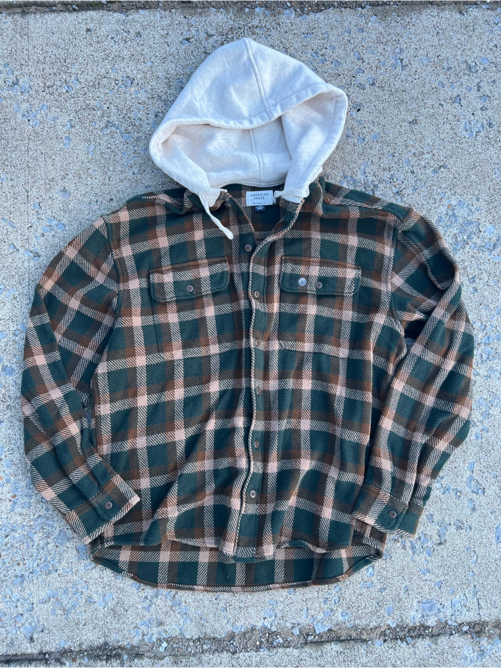 American Eagle Outfitters Green & Brown Plaid Hooded Button-Up shacket L NWOT